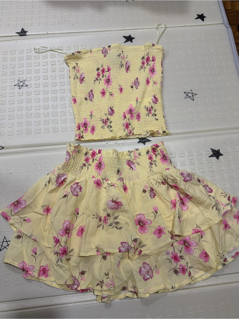 Yellow Floral Smocked Tube Top and Tiered Skirt Set - Pink Floral